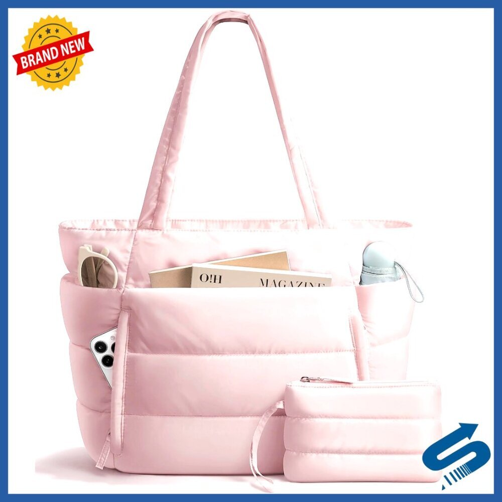 Lightweight Puffer Tote Bag with Laptop Sleeve and Tumbler Holder